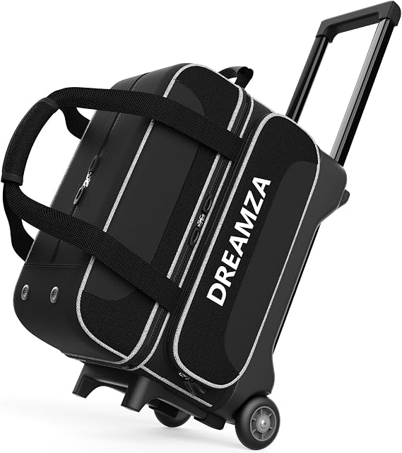 2 Ball Roller Bowling Bag with Wheels & Separate Shoes Pocket | for Shoes Up to US Mens Size 16, Retractable Handle Up to 40", Accessories Pocket, Effortless Rolling Double Ball Bowling Bag