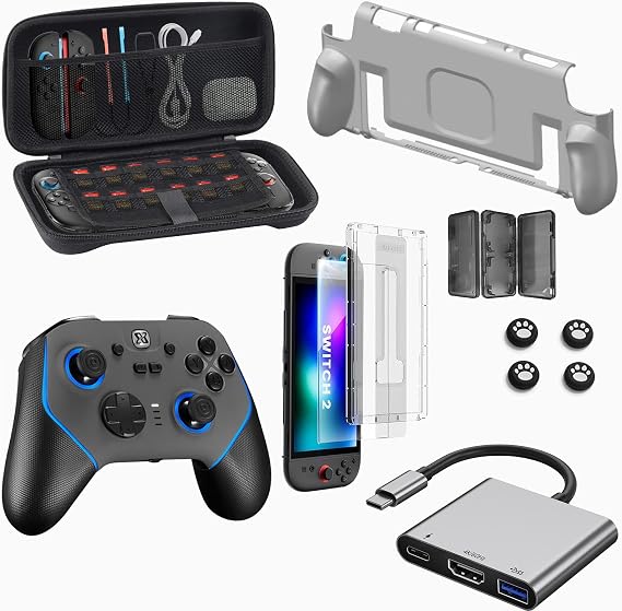 Nintendo Switch 2用ポータブルドッキングステーションハブ、Switch2アクセサリーバンドル、TVアダプター、プロコントローラー、トラベルケース、保護グリップカバーケース、スクリーンプロテクター、ゲームカードボックス、サムグリップ