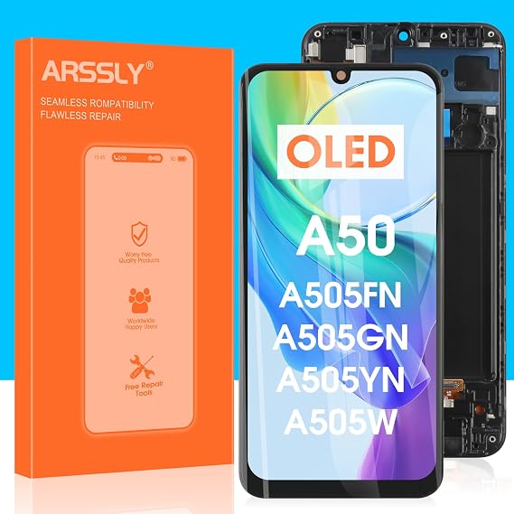 OLED LCD Screen Replacement for Samsung Galaxy A50 LCD Display A505 Touch Digitizer A505FN A505GN Full Assembly with Repair Tools(Black with Frame)