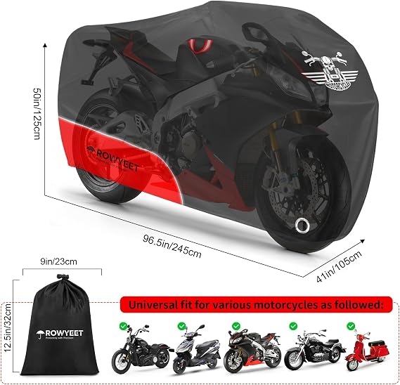 Motorcycle Cover Waterproof Outdoor Storage with Lock-Holes, Storage Bag & Night Reflective Design, Heavy Duty Protection Powersports Vehicle Covers Fits up to 96.5"-116"