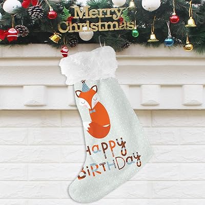 Birthday Christmas Stockings Fox Sleeping with Greeting Happy Message,Big Xmas Stockings Hanging Ornaments Candy Gift Bags for Christmas Fireplace Decorations,Green Orange 20 inch