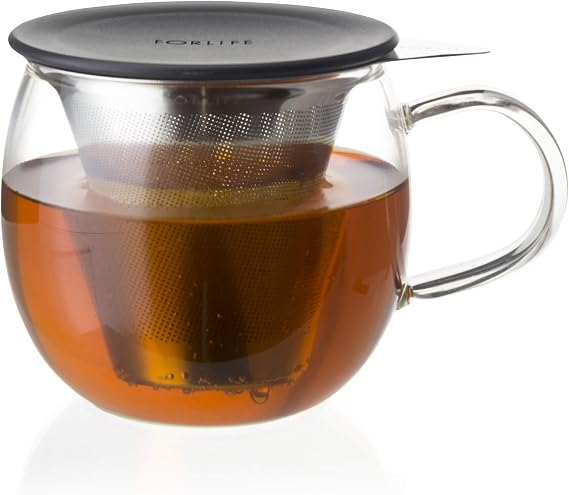 FORLIFE Lucidity Glass Brew-in-Cup with Stainless Infuser and Lid, 12-Ounce/355ml, Charcoal