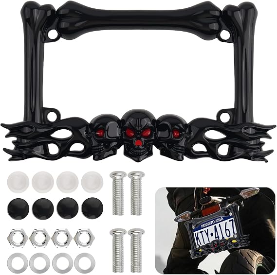 Motorcycle License Plate Frame with Skull Design,High-Strength Motorcycle License Plate Holder Kit with Includes Screws/Nuts/Caps/Shims,Water Resistant Motorcycles Plates Frame