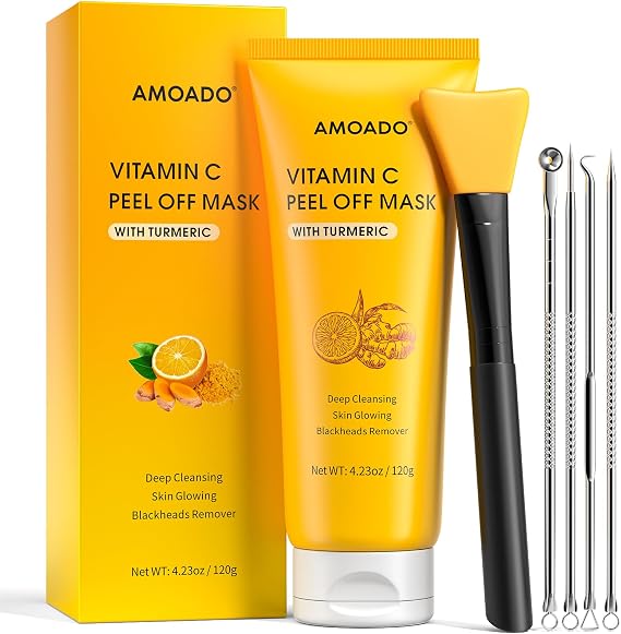 Vitamin C Turmeric Peel Off Face Mask, Blackhead Remover Mask for Men and Women, Deep Cleansing Nose Facial Mask for Blackheads, Pores & Oil Control with Pimple Extractor and Brush