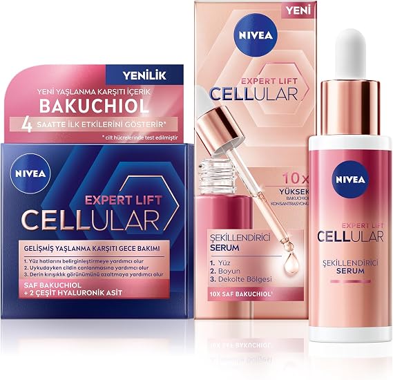 NIVEA Cellular Expert Lift Doğal Retinol Alternatifi Saf Bakuchiol İçeren, Kolajen Tetikleyici Kırışıklık Karşıtı Cilt Serumu 30 ml + Kırışıklık Karşıtı ve Nemlendirici Gece Kremi 50 ml