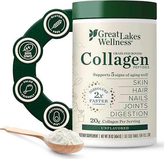 Great Lakes Wellness Collagen Peptides Powder Supports Skin, Hair, Nails, Joints & Digestion Hydrolyzed, Quick Dissolve, Non-GMO, Keto & Kosher Pure Collagen Protein (16 oz, 22 Servings)