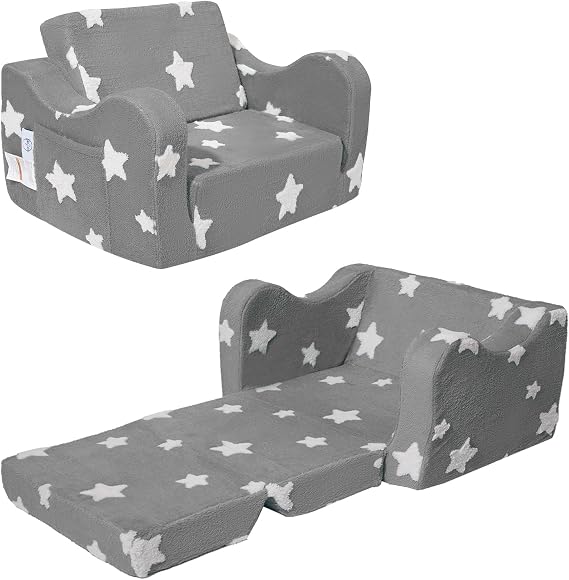 KokoSelene Soft Toddler Fold Out Couch for Reading Relaxing Gaming (Gray) | 2-in-1 Convertible, Comfortable, Washable Cover, Playing & Living Room, Boys & Girls