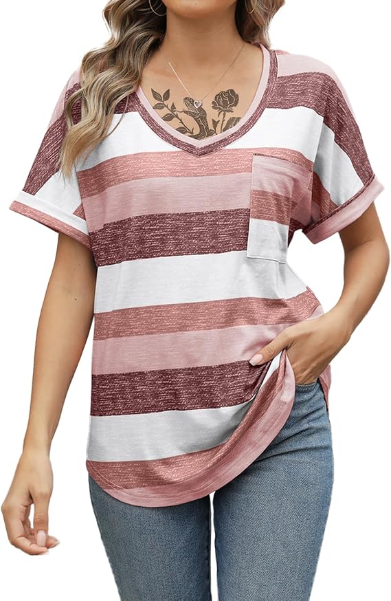 Lightweight Tops for Women Trendy Fashion V Neck T Shirts Plus Size Three Quarter Sleeve Blouses Loose Fit Soft Cotton Coffee Stripe Print Basic Tees with Chest Pocket Summer Casual Comfy Clothes,XL