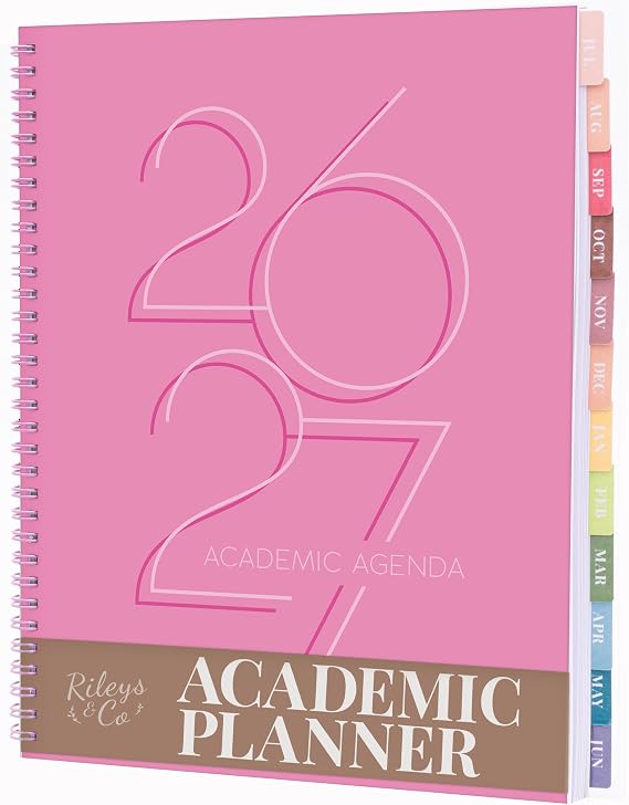 Rileys Academic Planner 2026-2027, Daily, Weekly & Monthly Planner, July 2026 - June 2027, Student Notes Pages, Twin-Wire Binding, Weekly Agenda for School & Work (8.5 x 11-Inches, Deco, Pink)