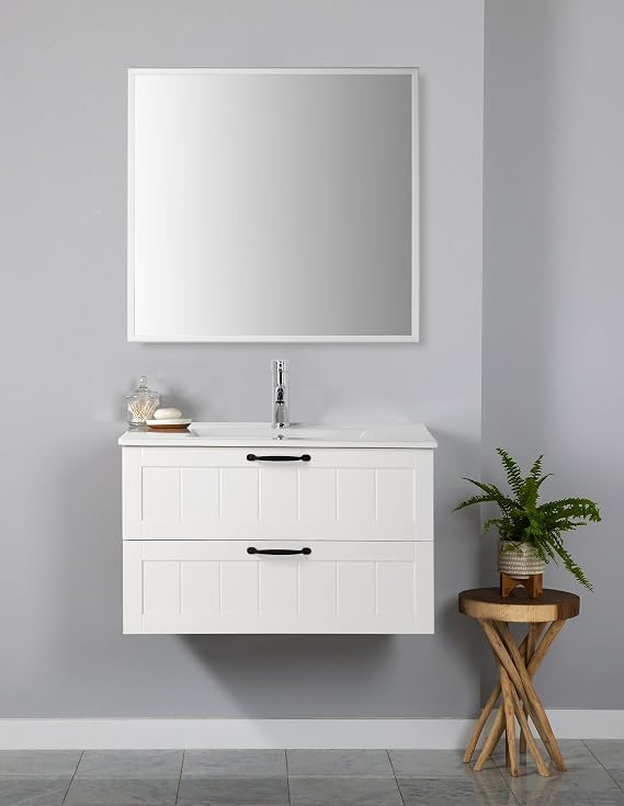 Modern 32" Wall-Mounted Bathroom Vanity with Ceramic Basin & Mirror Set, Floating Wood Bathroom Vanity Cabinet Combo with Double Drawer and Metal Handle for Small Space