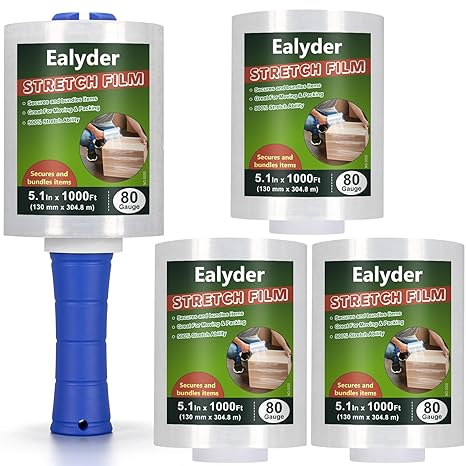 4 Rollen Mini Stretchfolie 130mm x 3048m Transparent Reißfest mit Griff