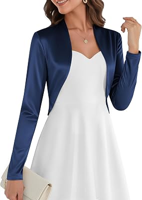 Belle Poque Women Long Sleeve Bolero Shrug Open Front Satin Jacket Ruffled Shrugs for Evening Dresses Formal