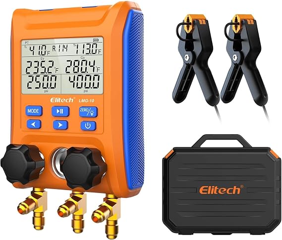 Elitech LMG-10 2-Way HVAC Manifold with Wired Temp Clamps | Wired reliability, Instant dual-temp reading, Rugged field-use design