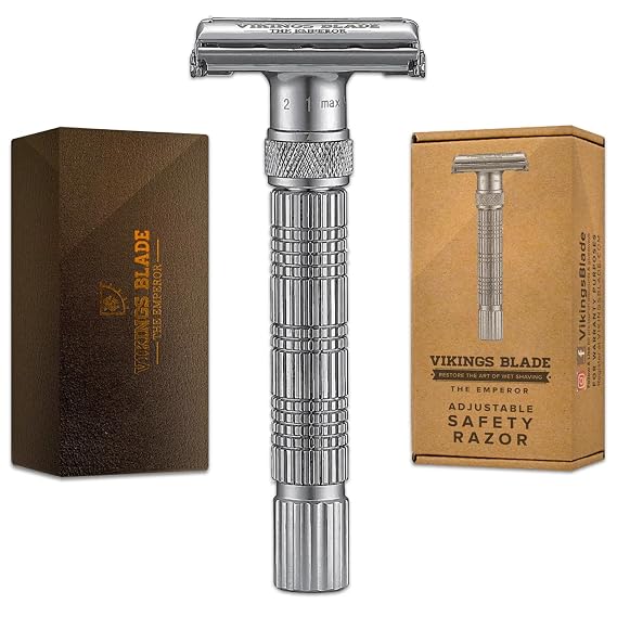 VIKINGS BLADE Adjustable Double Edge Safety Razor + Luxury Case. Smooth, Reusable, Eco-Friendly (The Emperor Frosted Chrome)