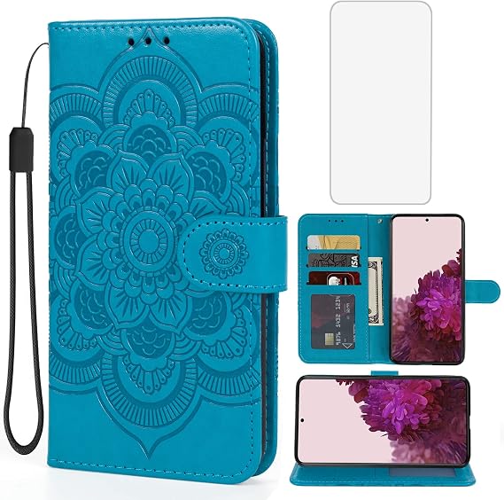 Case for Galaxy S20 FE Case, Samsung S20 FE SM-G781U Wallet Case with Tempered Glass Screen Protector, Leather Flip Credit Card Holder Stand Phone Cover Case for Samsung Galaxy S20 FE 5G Blue