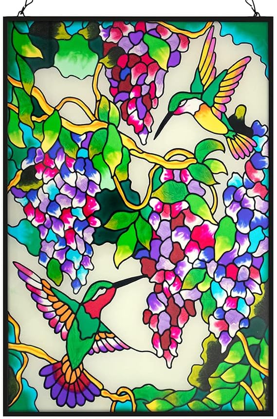 VEWOGARDEN Hummingbird Stained Glass Window Hangings 10" W x 15" H Bird Suncatcher Panel with Chain Windows Hanging Decor Ornament Gift