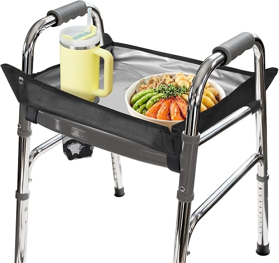Folding Walker Tray with Cup Holder, Adult Mobility Accessory Fit Standard Folding Walker Table for Senior Non Slip Mat for Food Removable Easy Assembly(Black)