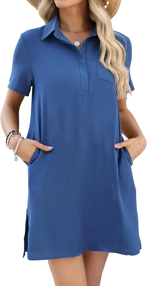Shift Dress for Women Collared Neck Short Sleeve Summer Dress