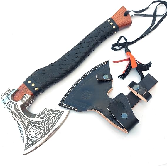 Handforged Carbon Steel Viking Axe, Handmade Bearded Camping Axe with Leather Wraped Wooden Handle & Leather Sheath 677