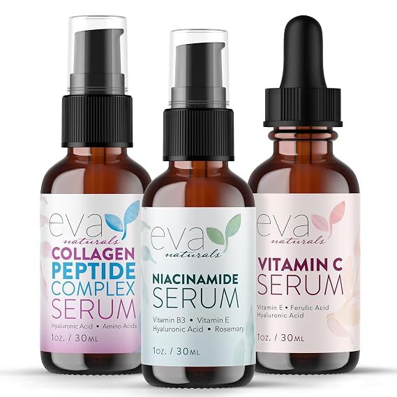 Eva Naturals Firm & Glow Serum Bundle Vitamin C, Peptide & Niacinamide | 3-piece set, anti-aging, wrinkles, pores, hydration, collagen-boosting, skin care routine