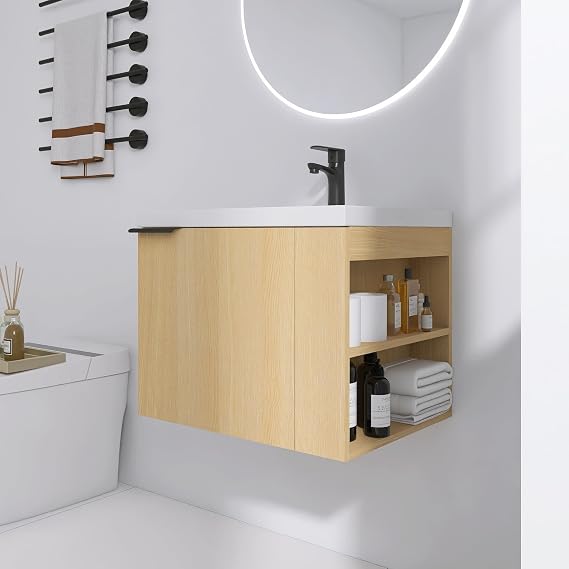 24 Inch Floating Bathroom Vanity,24" Bathroom Vanity with Sink,Modern Single Sink Bathroom Vanity Combo,Brown Wall Mounted Cabinet Set