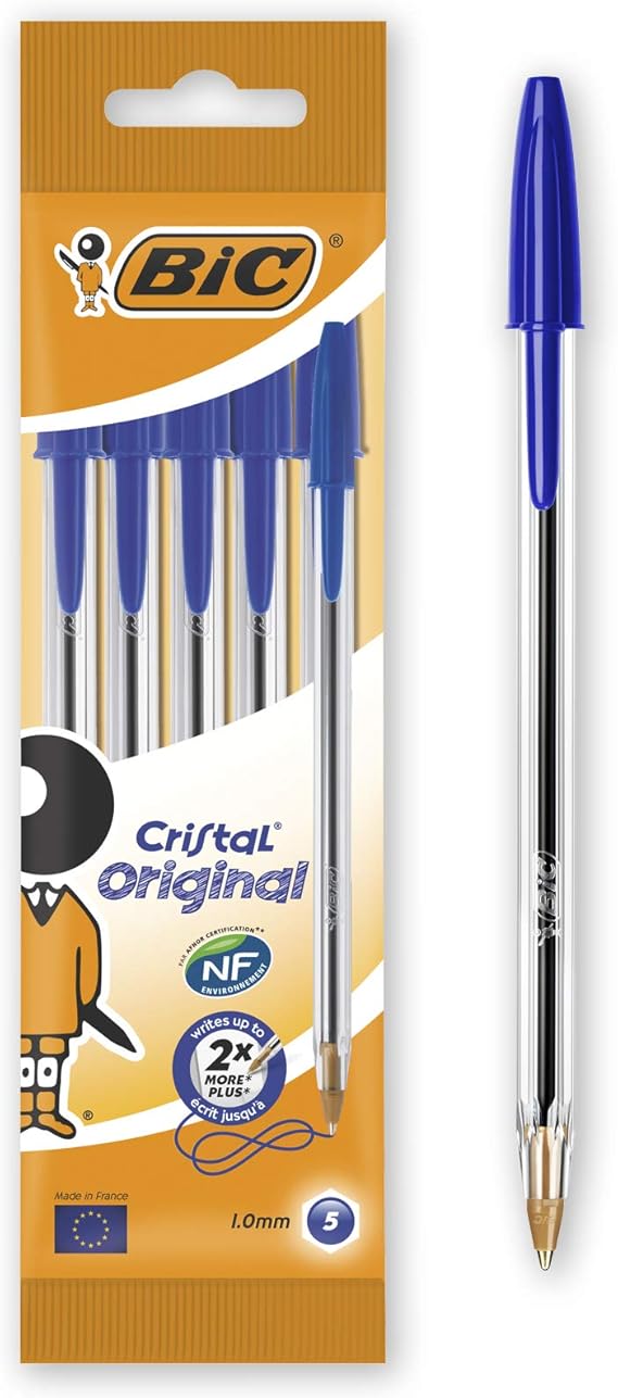BIC Cristal Original Ballpoint Pens Medium Point (1.0 mm) a Blue, Pouch of 5