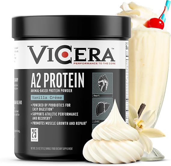 VICERA A2 Protein Powder, Vanilla Creme, 25 G Protein per Serving, Organic A2/A2 Whey Casein Blend with Probiotics and Celtic Sea Salt, Gluten Free Workout Supplement, Non GMO, 20 Servings, 27.4 Oz