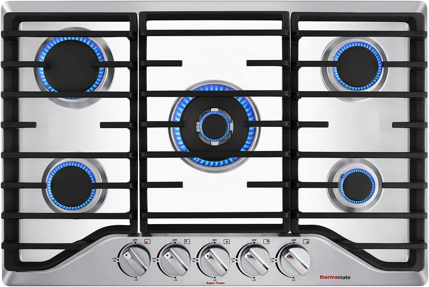 30 Inch Built In Gas Cooktop, ThermoMate Gas Range top with 5 High Efficiency SABAF Burners, 304 Stainless Steel Gas Stove with Flame Out Protection, NGLPG Convertible, CSA Certified