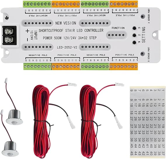 32 Channel Motion Sensor LED Stair Controller - Automatic Staircase Lighting Controller with Short Circuit Protection - Adjustable Brightness for Indoor Under Stair Lighting
