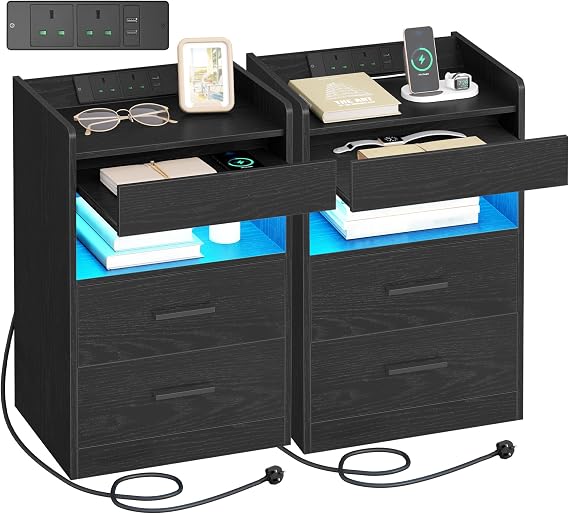Hzuaneri Bedside Tables Set of 2 with Power Strip and LED, Pull-Out Tray