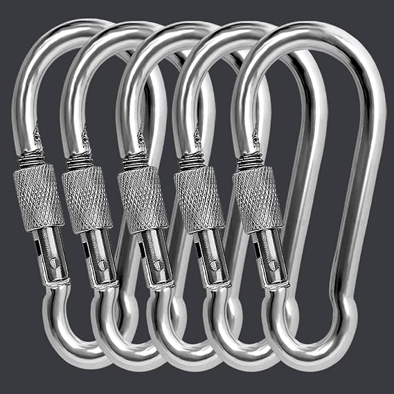 12MM Spring Hook with Badem10 Carabiner Lock Stainless Steel Lock Climbing Fishing Rod Camping Equipment Hammock Key Hanger Lock 5PCS