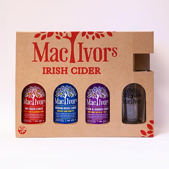 Mac Ivor Cider Gift Set | Award Winning Irish Cider: Dry, Medium, Plum & Ginger Large 500ml Bottles + Luxury Branded Glass