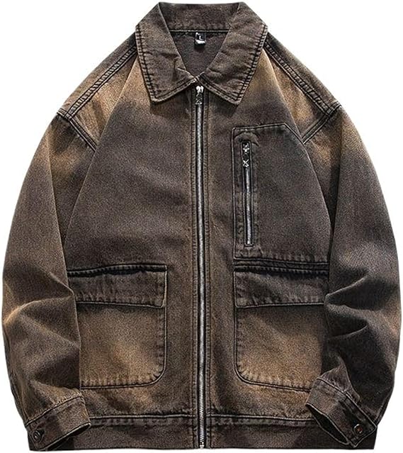 Vintage jacket for men, autumn zip-up work denim outerwear