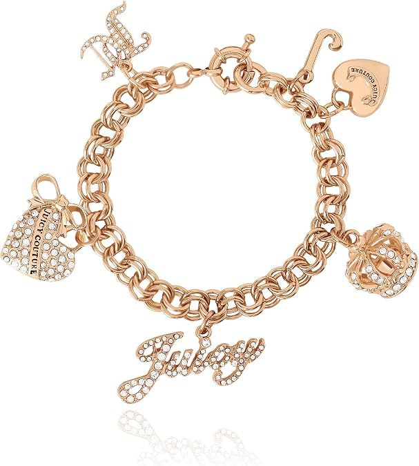 Juicy Couture Bracelet 7-7.5", Goldtone Charm Bracelets for Women with 6 Different Charms Featuring Clear Stones