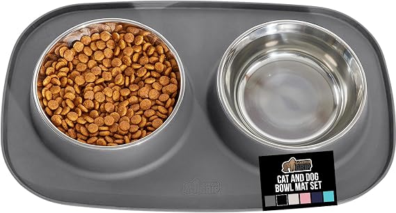 GORILLA GRIP Dog Bowl Set with Slip Resistant Silicone Feeding Mat, Food Grade 304 Stainless Steel Bowls, BPA Free, High Edge Spill Containment, Dishwasher Safe, Finger Notch Removal, 1 Cup, Gray