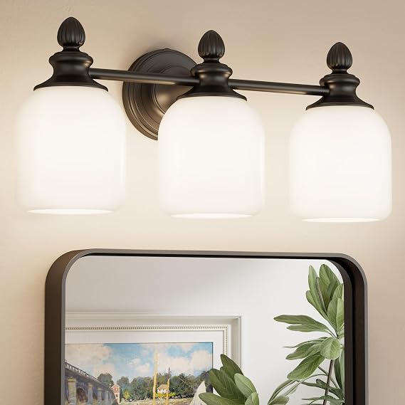 Keonjinn 24x32 Inch LED Bathroom Mirror with 3-Light Black Vanity Light Fixtures Set(Bulbs Not Included)