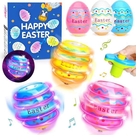 Light Up Easter Egg Toy Gifts for Kids, 6 Pack Easter Egg Spinning Tops with Flash & Music, Egg Fillers Essentials for Children, Glow in The Dark Hunt Prizes Goodie Bag Toys Party Favors