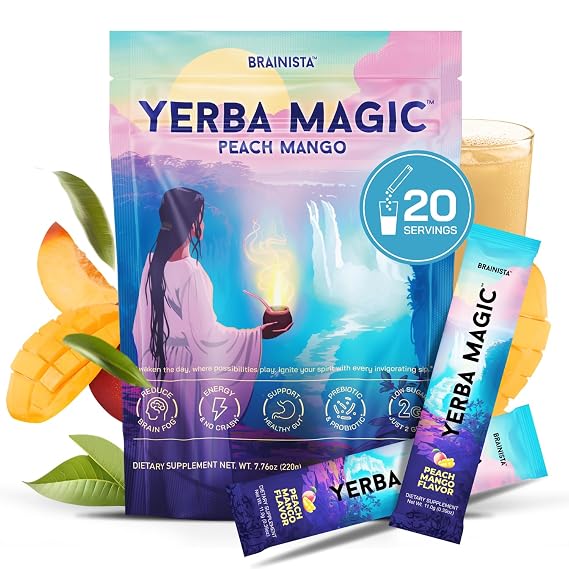 Yerba Mate Tea Sticks, Instant Tea Packets, Lion's Mane, Peach Mango, 20ct
