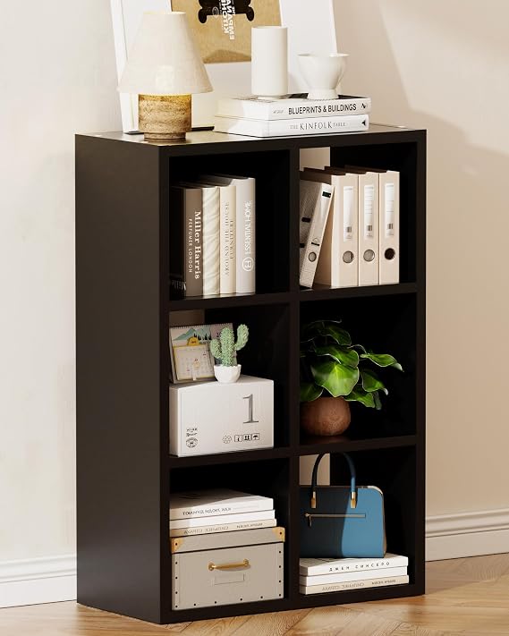 GTPLAYER 6-Cube Storage Organizer, Fits 11" Bins, Vertical or Horizontal Use, Opening Bookshelf, Partial Back Panels, Design Bookcase, for Closet, Bedroom, Home Office, Black