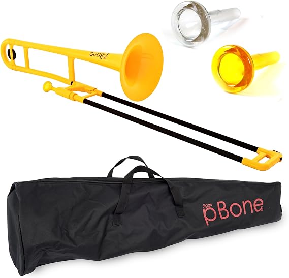 pBone PBONE1Y Plastic Trombone with Mouthpiece and Carry Bag - Bb Student Beginner - Yellow, 14.0 in*38.0 in*11.0 in