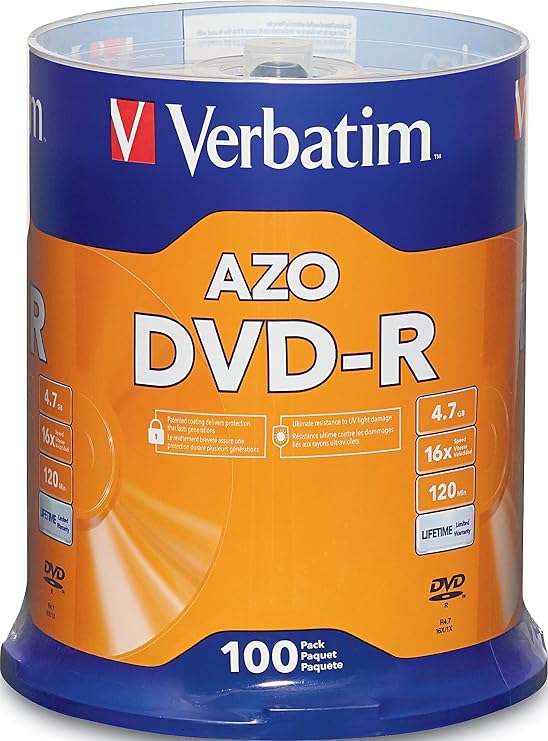 Verbatim DVD-R 4.7GB 16X Recordable Discs with AZO Dye, 100 Pack