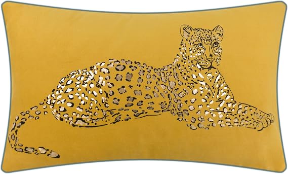 JWH Leopard Print Throw Pillow Cover Decorative Velvet Cushion with Gold Foil Printing Lumbar Pillowcase for Bed Couch Chair Car 12x20 Inches Yellow