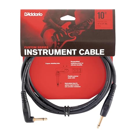 D'Addario Guitar Cable - Guitar Lead - Shielded Ends - 1/4 Inch Male to 1/4 Inch Male - Custom Series - 10 Feet/3.05 Meters - Straight End/Right Angle - 1 Pack
