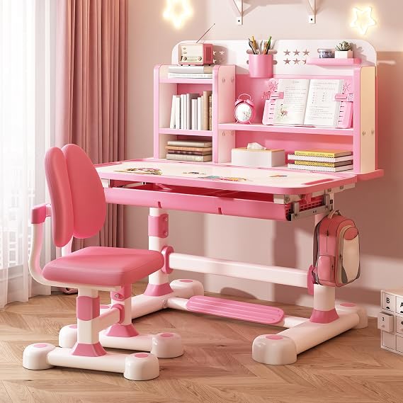 Kids Desk and Chair Set, Adjustable Desk Chairs for Boys Girls, School Writing Study Table with Drawers, Pencil Case, Bookstand, Dual Back Support, Tiltable Desktop, Girls Desk, Birthday Gift (Pink)