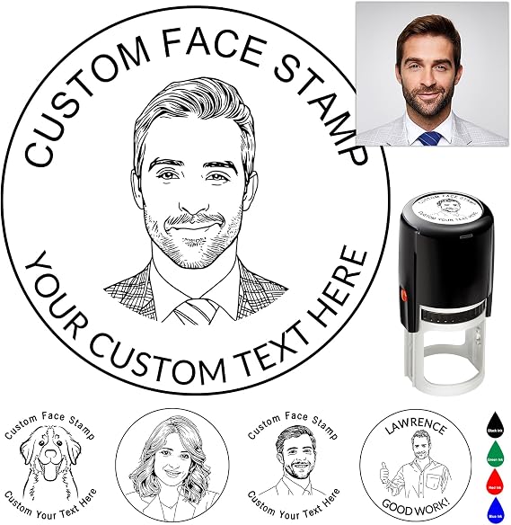Custom Face Stamp Personalized Self Inking Stamp Customized Business Logo Image Text Teather Stamper Funny Gift 4 Color and Font Choices