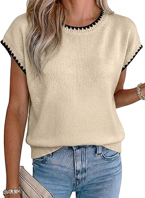 Acelitt Womens Contrast Ruffle Trim Knit Top Crew Neck Cap Sleeve Lightweight Sweater Vest Casual Loose Fit Pullover Blouse
