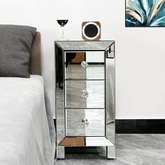 yoyomax Mirrored Nightstand, 3-Drawer Mirrored End Table with Crystal Style Knobs, Modern Mirrored Bedside Table for Bedroom, Living Room - 11.7" L x 11.8" W x 23.8" H - Silver