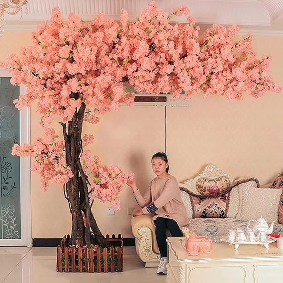 Artificial Cherry Blossom Trees - Lifelike Replica Plant with Real Wood Stems and Peach Pink Fake Sakura. Perfect Indoor Outdoor Sakura Flower Decoration.
