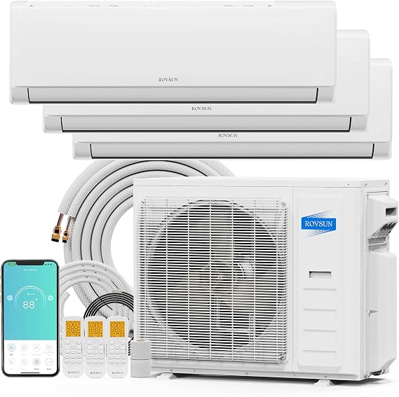 ROVSUN 38000 BTU Tri Zone WIFI Mini Split AC/Heating System, 20 SEER2 3 Zone (9K/9K/12K) BTU Ductless Split Air Conditioner with Pre-Charged Condenser, Heat Pump & 25Ft Line Set, 208-230V