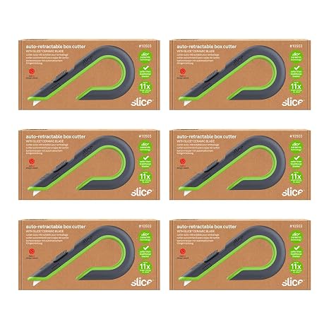 Slice Auto-Retractable Box Cutter, Heavy Duty Utility Knife, Safe Ceramic Blade Lasting 11x Longer than Metal, 6 Pack